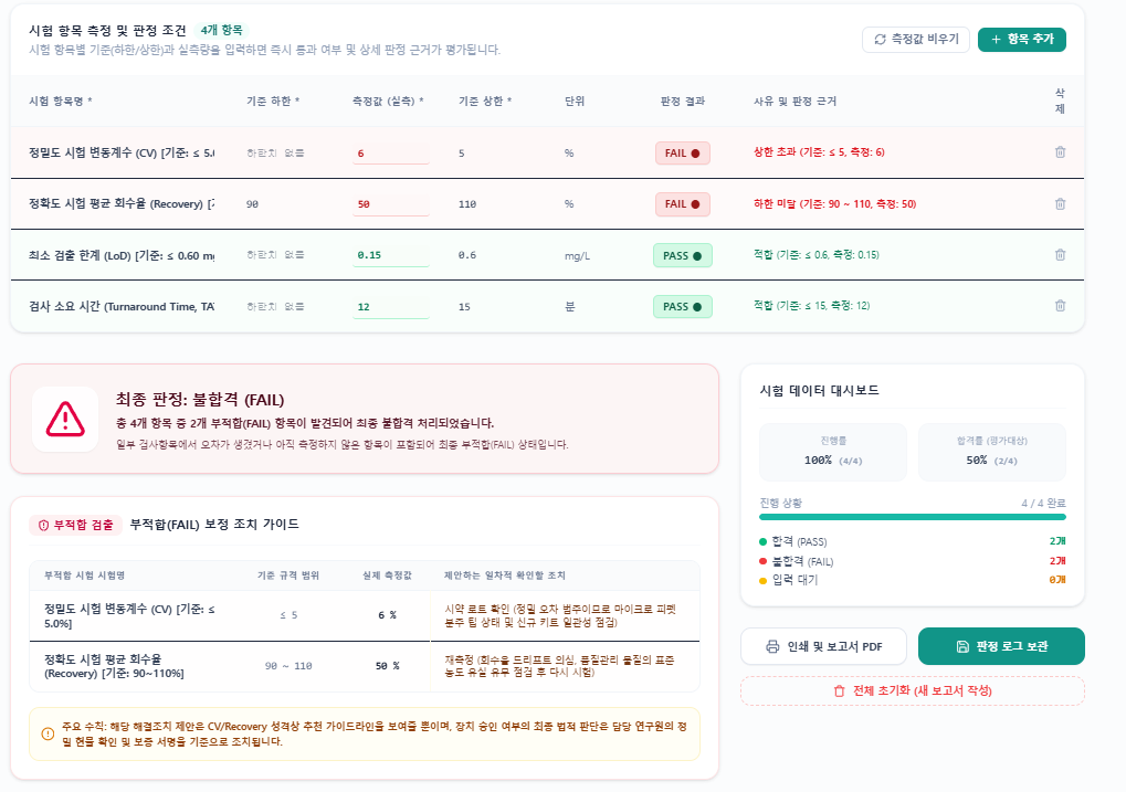 수정 요청 후 Preview — 기준 범위·실제 측정값·확인 필요 배지가 반영되었는지 확인합니다.