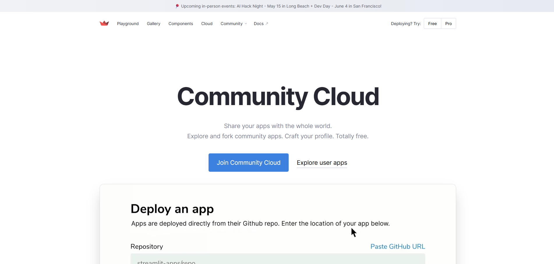 Streamlit Community Cloud — GitHub 저장소 연결과 배포 화면을 확인합니다.