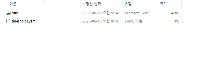 파일 목록 — runs.csv, thresholds.yaml 등 실습 데이터 파일 구조를 확인합니다.