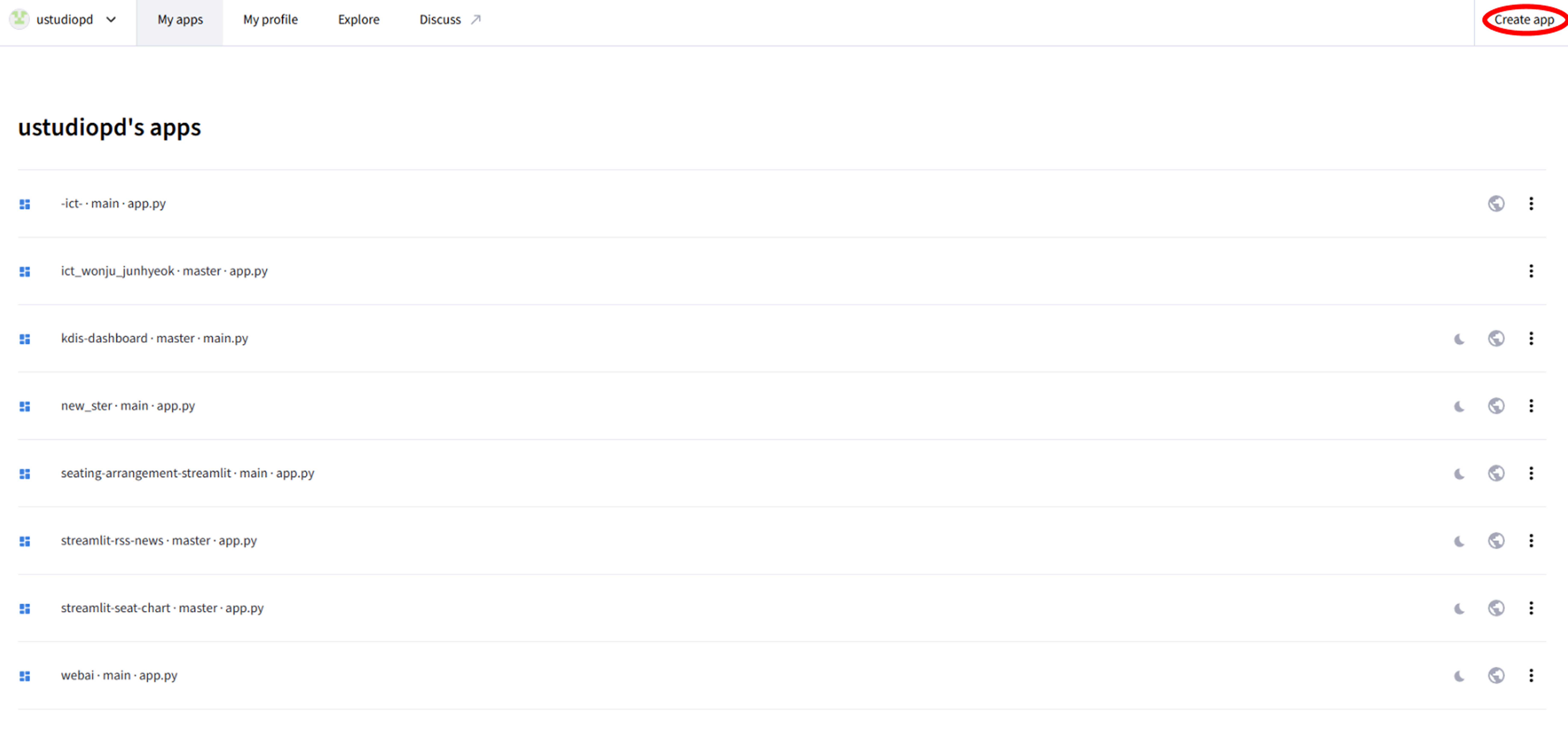 Create app — My apps 화면에서 새 앱 배포를 시작합니다.