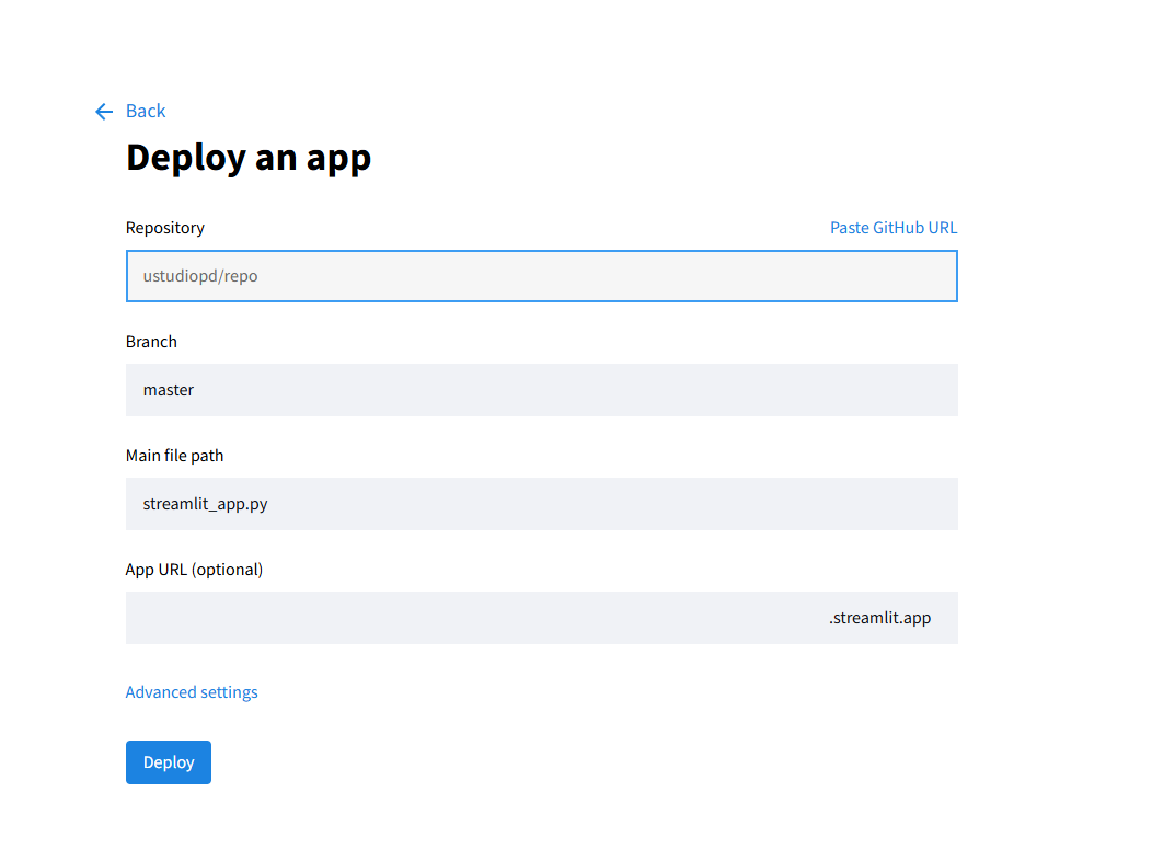 Deploy an app — 저장소·브랜치·Main file path를 확인한 뒤 Deploy를 누릅니다.