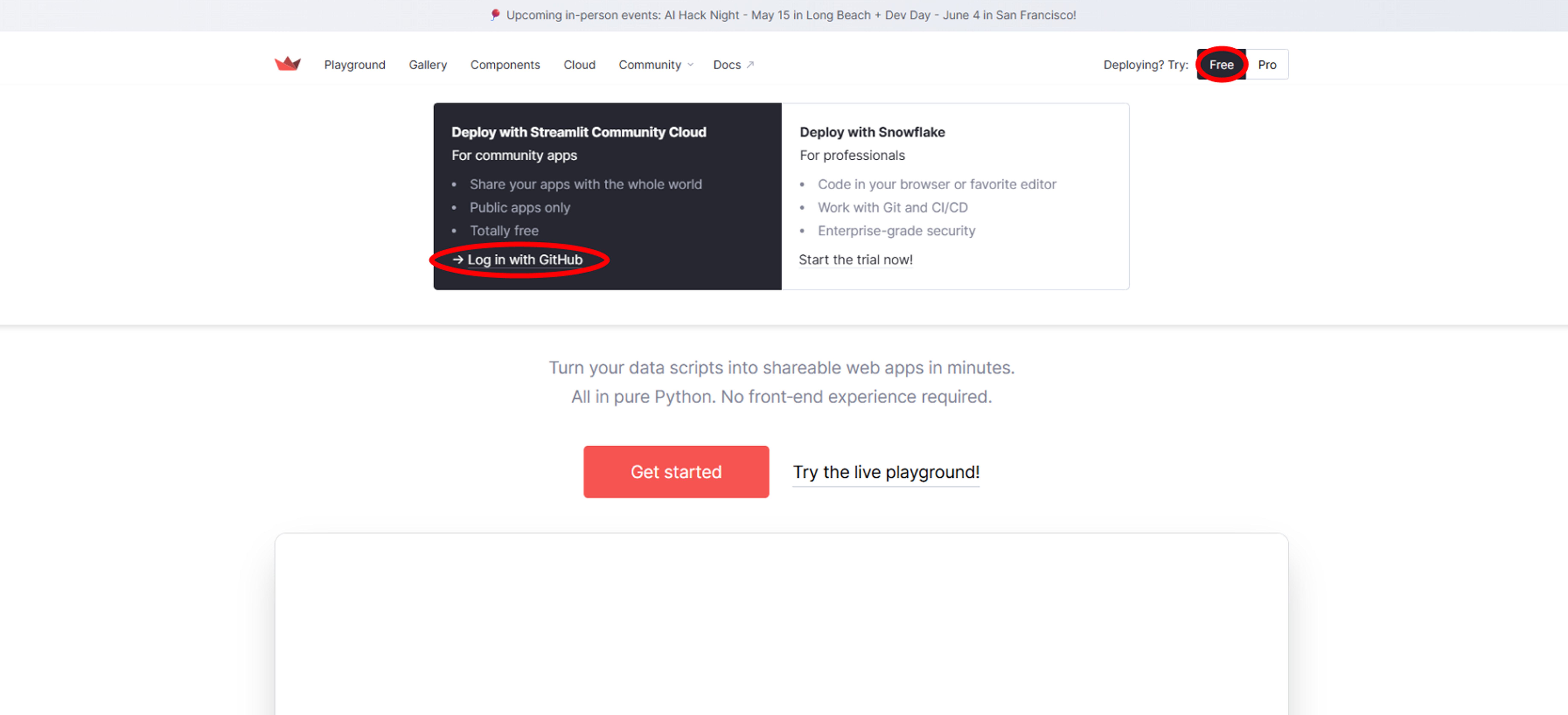 Streamlit 로그인 — Free 배포를 선택하고 GitHub 계정으로 로그인합니다.