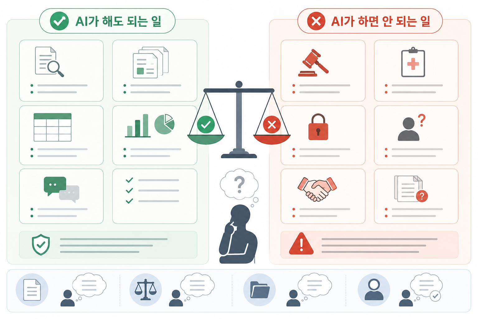 역할 구분 — 요약·추출은 강점, 최종 판정은 사람이 담당합니다.