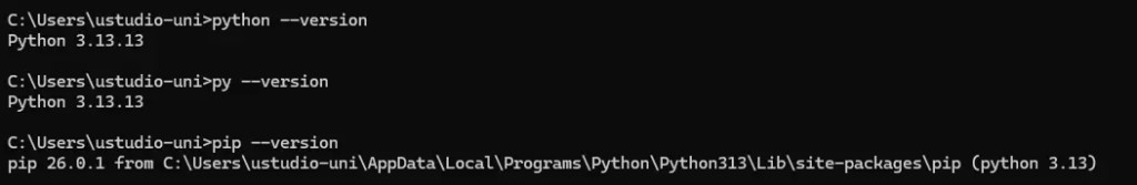 python --version, py --version, pip --version 설치 확인