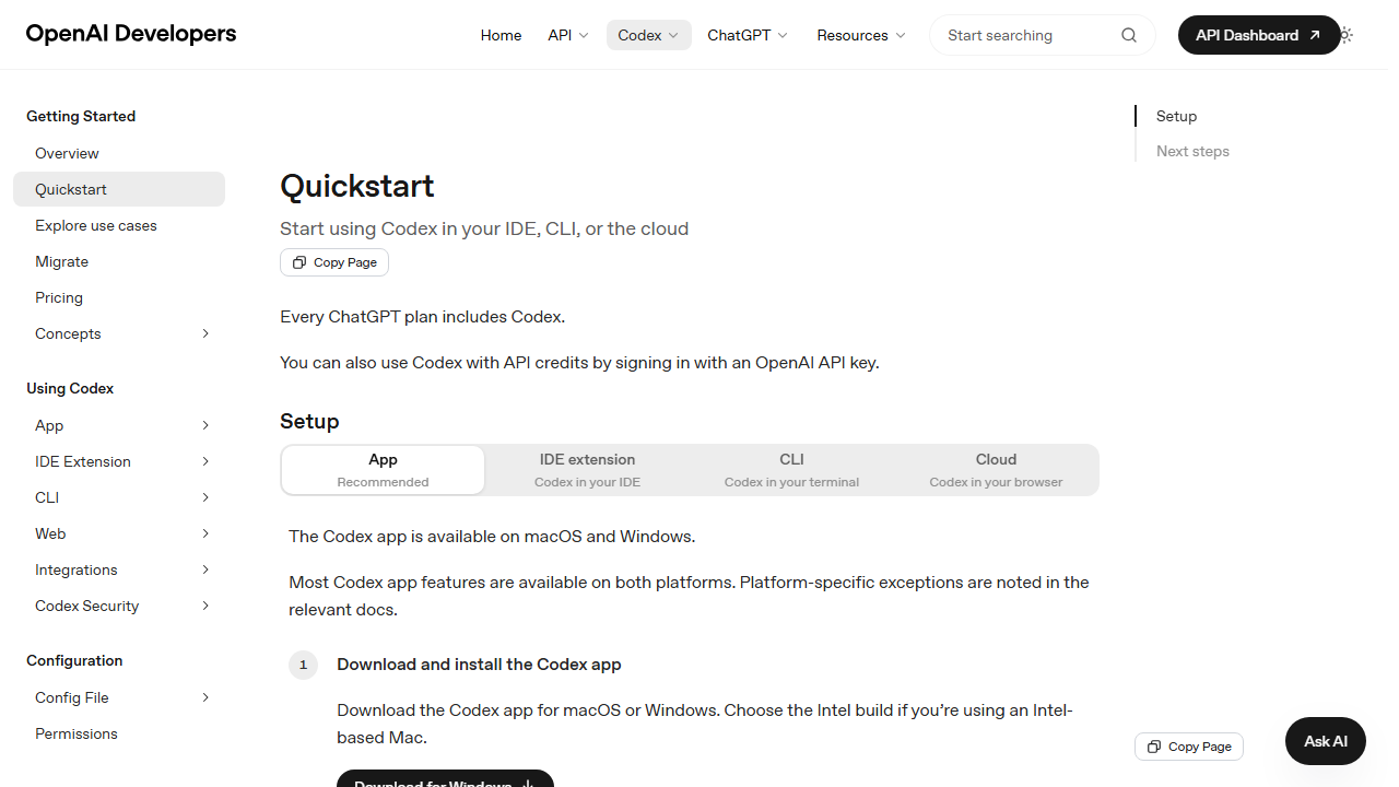 OpenAI Codex Quickstart 문서