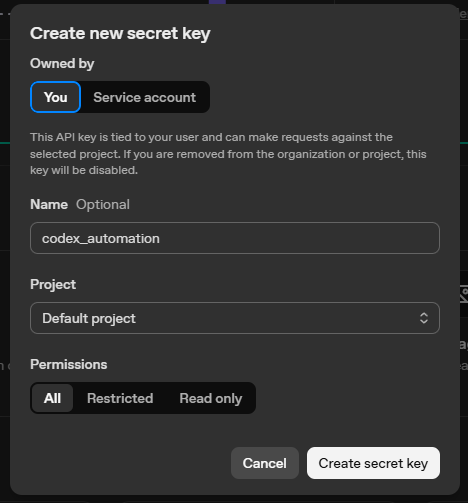 OpenAI API 키 생성 — Create new secret key