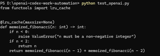 PowerShell에서 python test_openai.py 실행 후 memoized_fibonacci 코드 출력